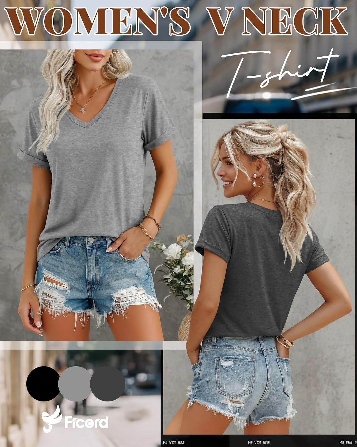 Women's 3 Pack Rolled Sleeve V Neck T-Shirts