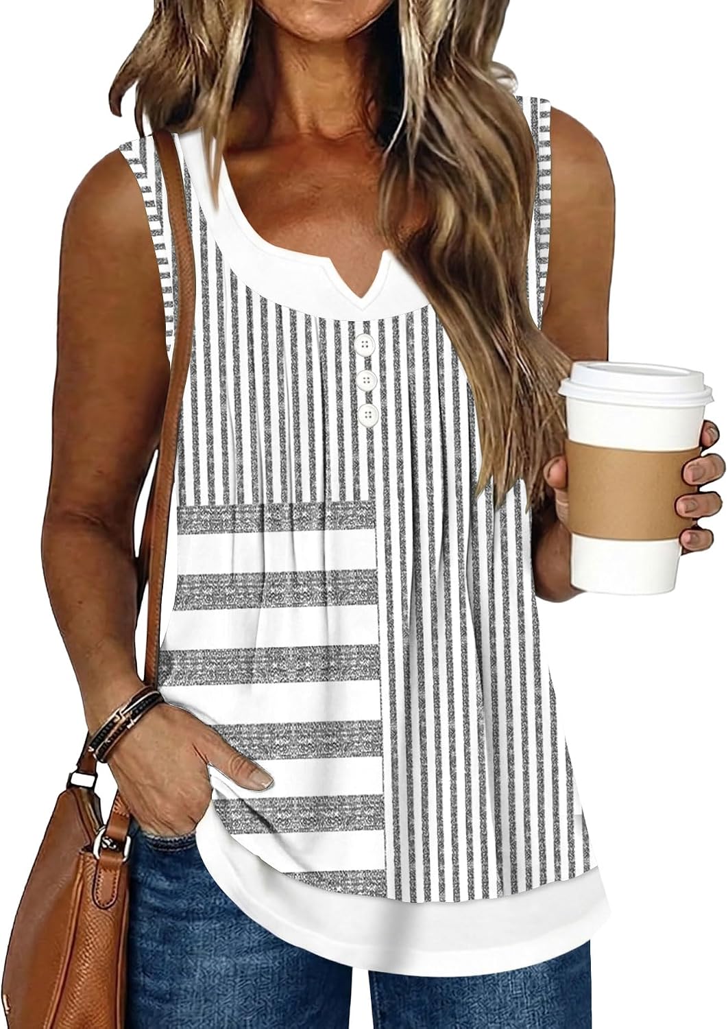 Women's Striped Sleeveless Tank Top Pleated Scoop Neck