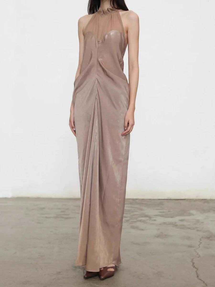 Women's Halter Maxi Dress Sheer Mesh Neck Ruched Nude Women's Halter Maxi Dress Sheer Mesh Neck Ruched Nude