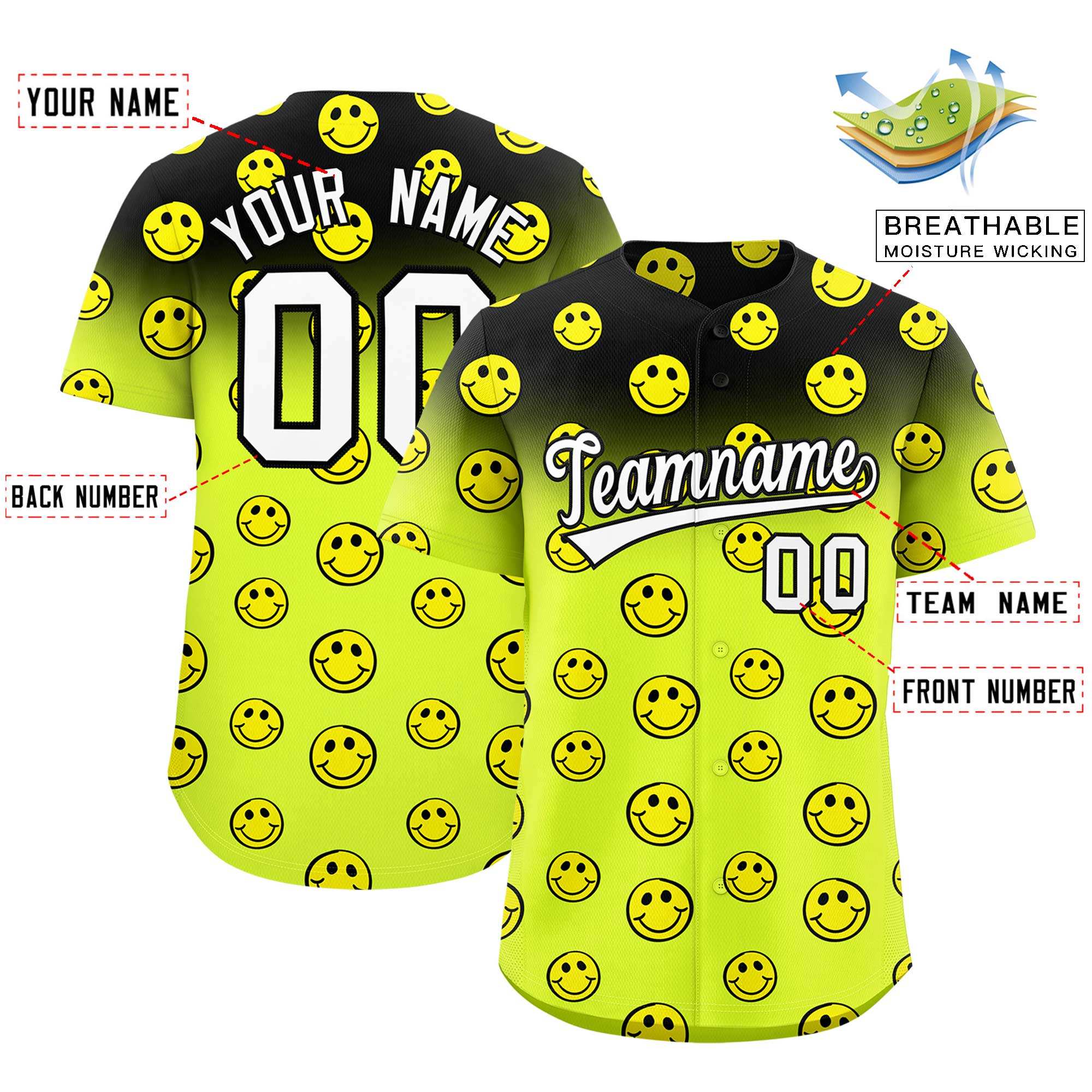 Benutzerdefiniertes, schwarzes, fluoreszierendes, grünes Graffiti-Farbverlaufsmuster mit authentischem Lächeln-Baseballtrikot