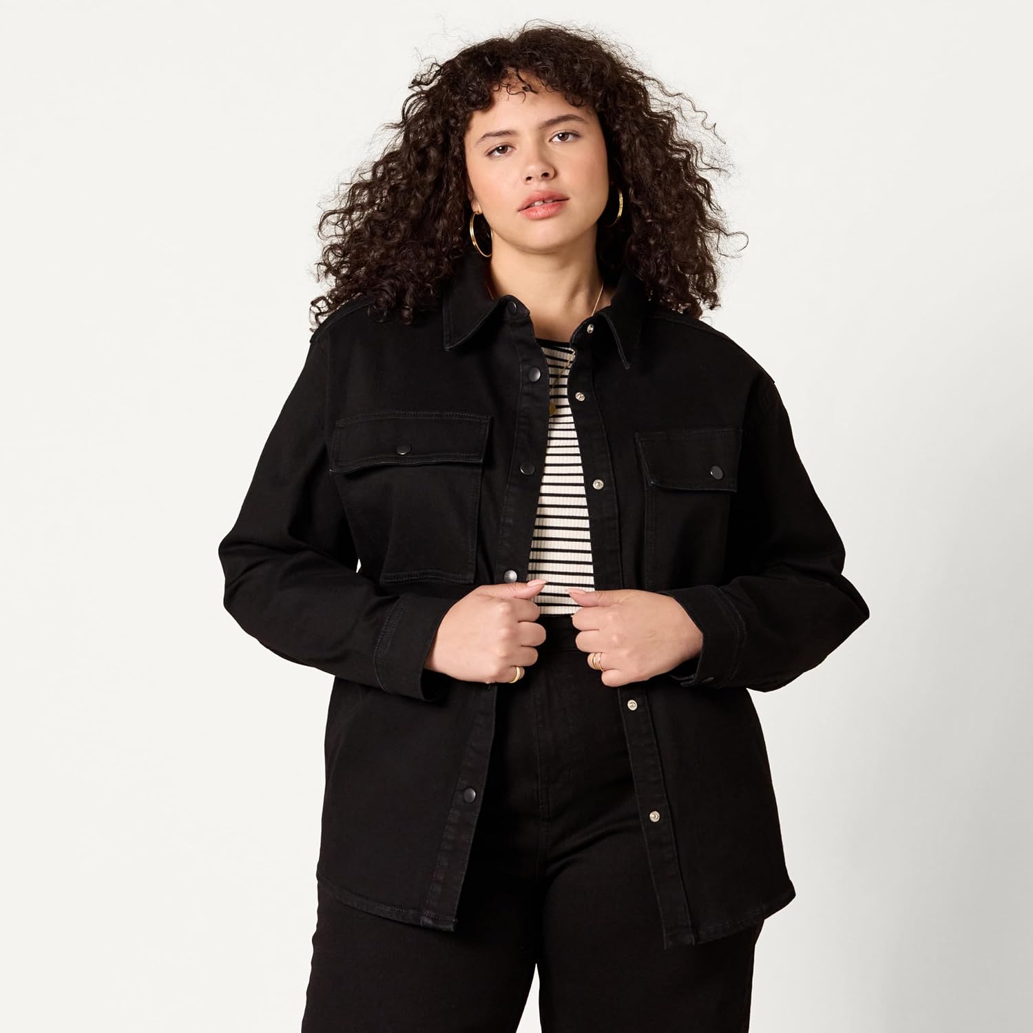 Women's Oversized Denim Shirt Jacket Black with Pockets