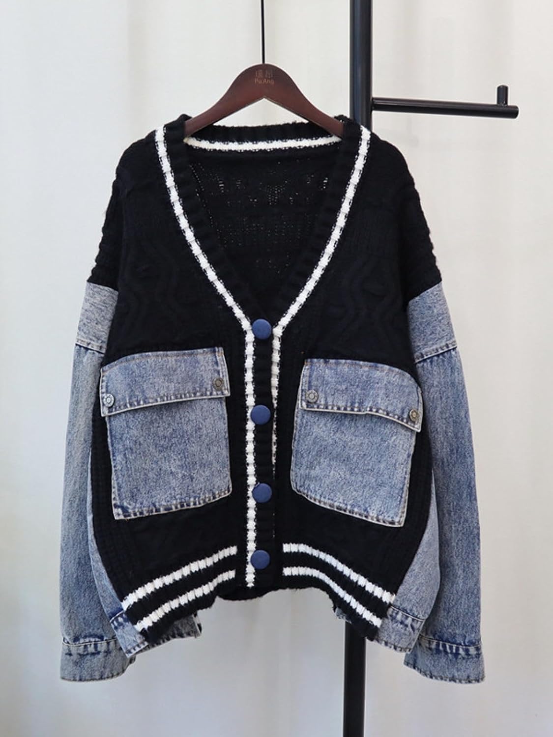 Women Open Front Sweater Cardigan Denim Patchwork Long Sleeve Chunky Knit Button Down Jackets with Pockets