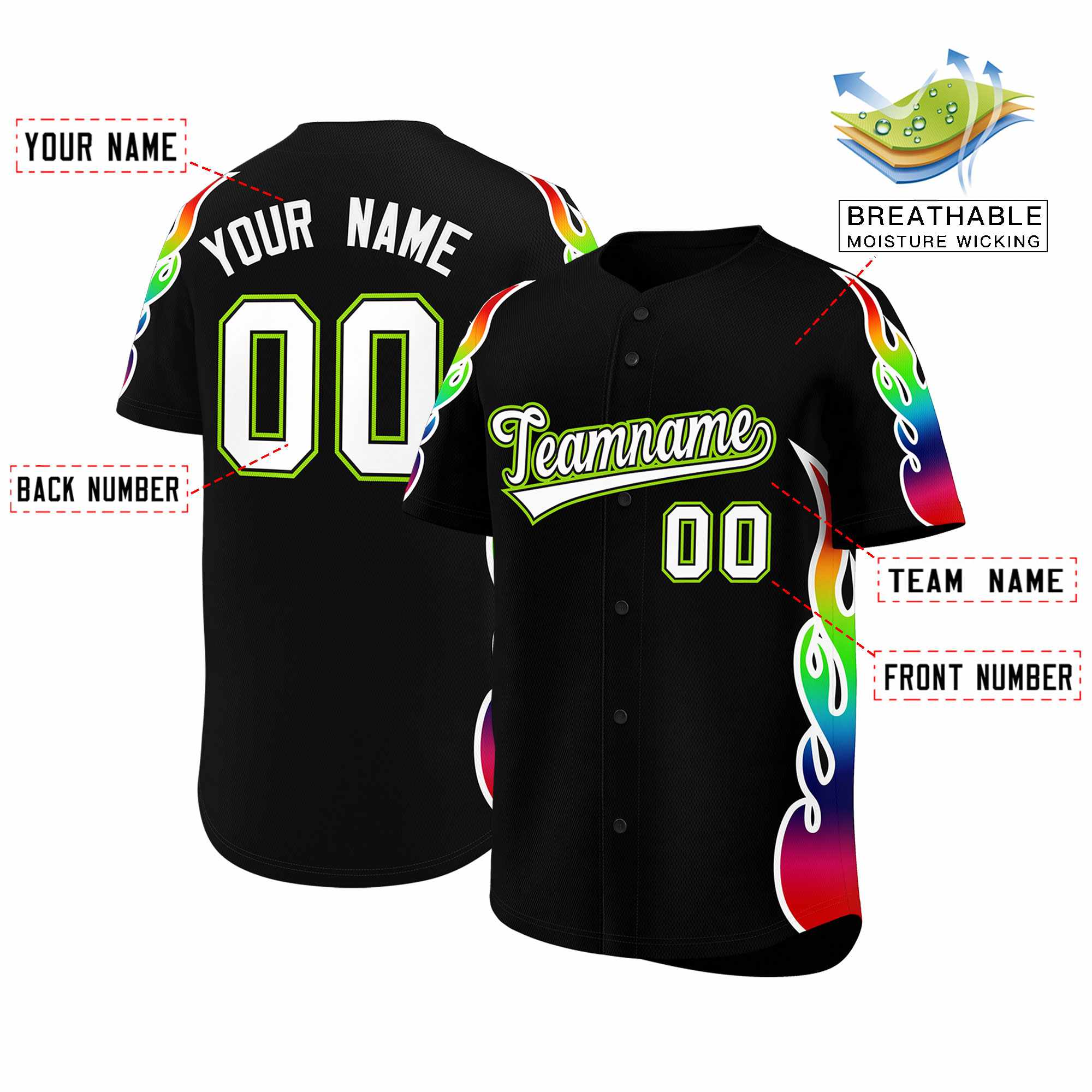Benutzerdefiniertes Graffiti-Muster, personalisierter mehrfarbiger Flammendruck, authentisches Baseball-Trikot