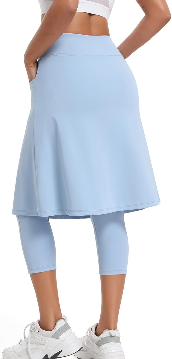 Women Athletic Knee Length Skirts with Leggings Yoga Skorts Leggings Arc-Shaped Pockets&Women Skirted Capris Skorts