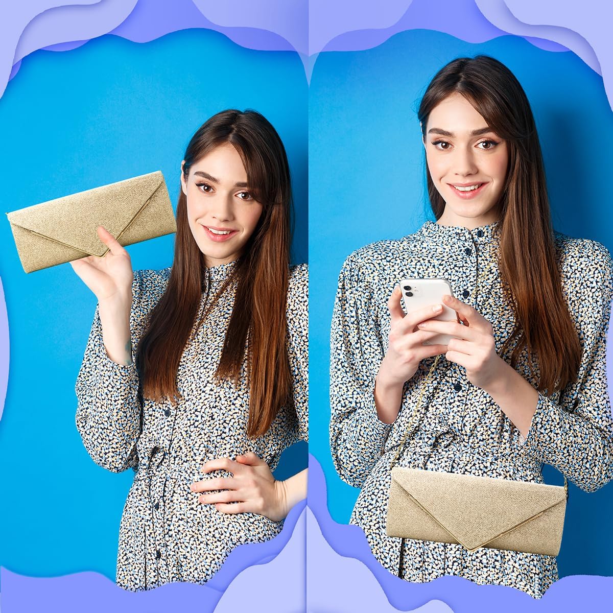 Women's Gold Glitter Envelope Clutch with Detachable Chain