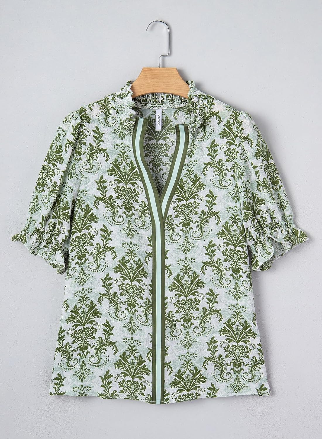 Women's Boho Floral Print Puff Sleeve Blouse Green Women's Boho Floral Print Puff Sleeve Blouse Green