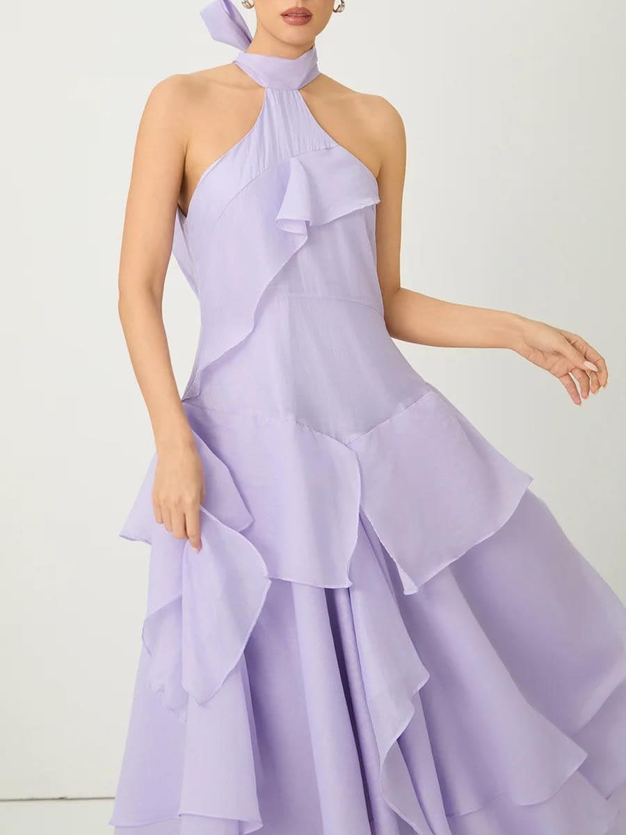 Women's Halter Tiered Maxi Dress Sleeveless Ruffle Lavender Women's Halter Tiered Maxi Dress Sleeveless Ruffle Lavender