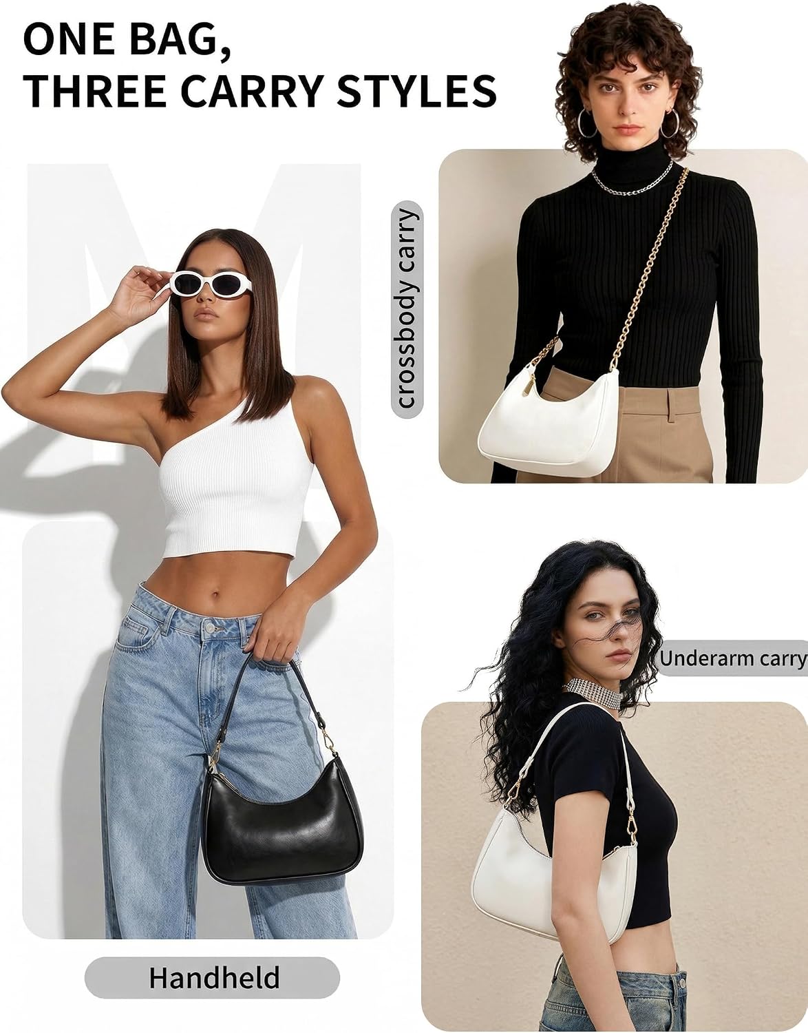 Women's Crescent Vegan Leather Hobo Handbag, Black Women's Crescent Vegan Leather Hobo Handbag, Black