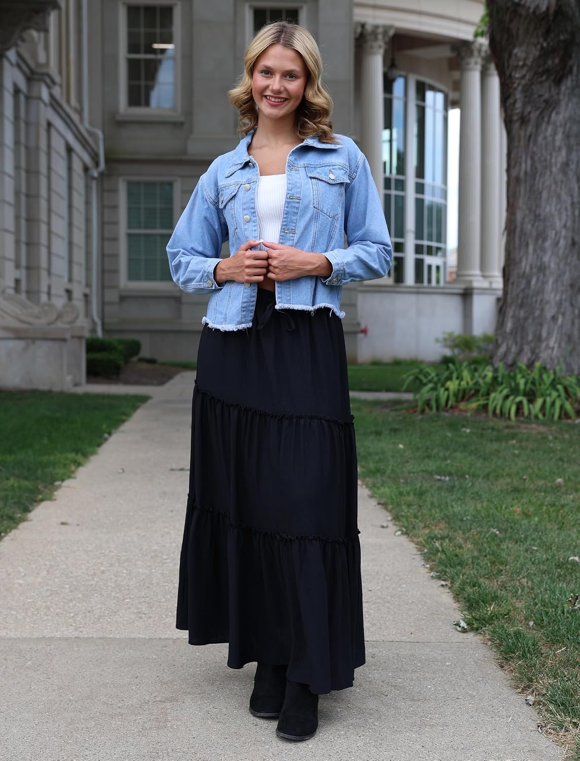 Women's Summer Maxi Skirt Trendy High Waist Pleated Ruffle Long Skirts Flowy Beach Boho Dress with Pockets