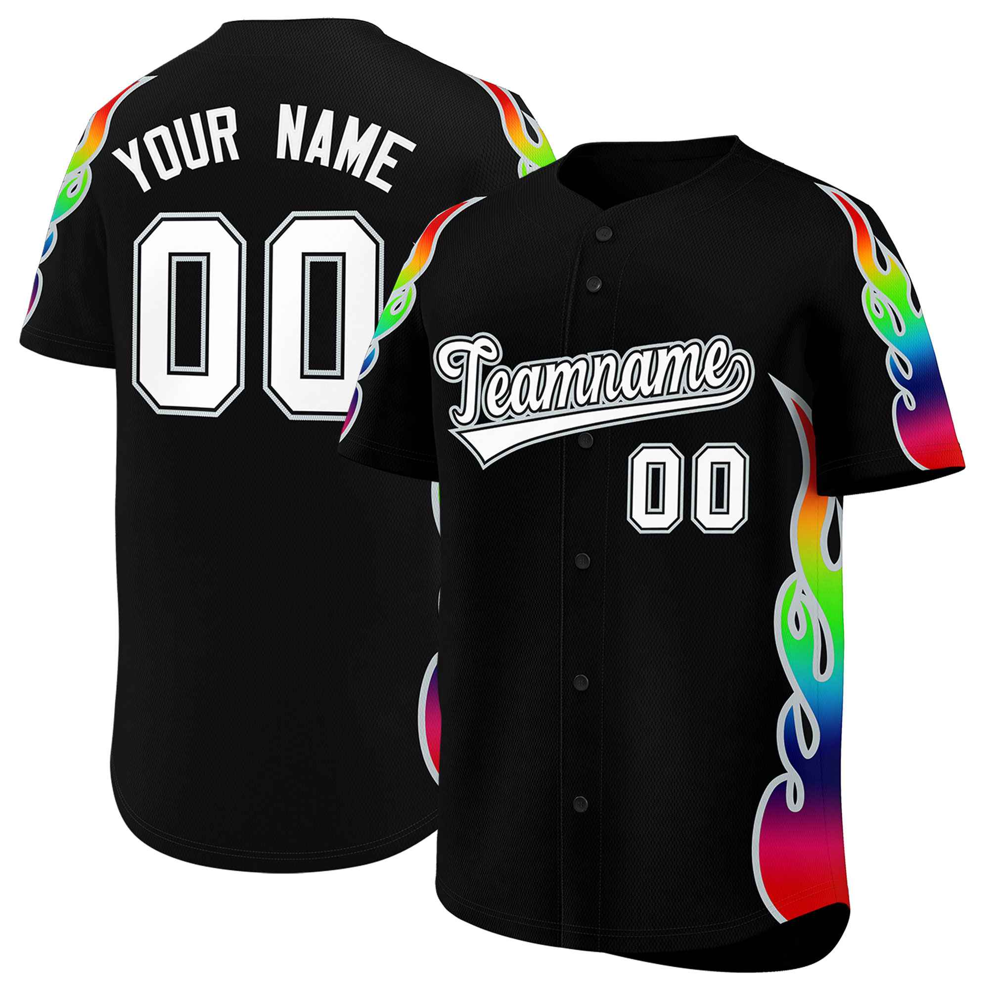 Benutzerdefiniertes Graffiti-Muster, personalisierter mehrfarbiger Flammendruck, authentisches Baseball-Trikot