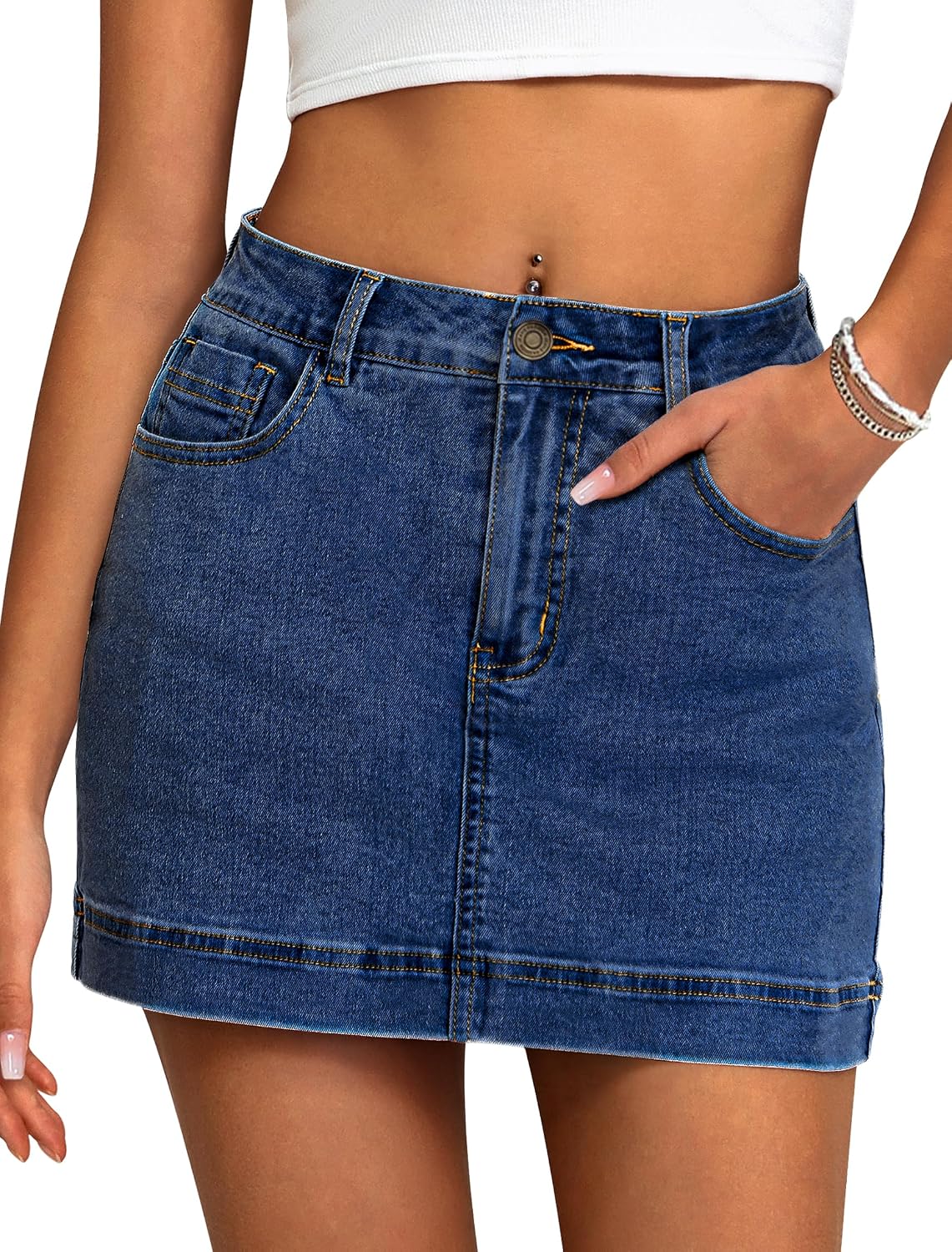 Women's High Waisted Denim Skort with Shorts Blue