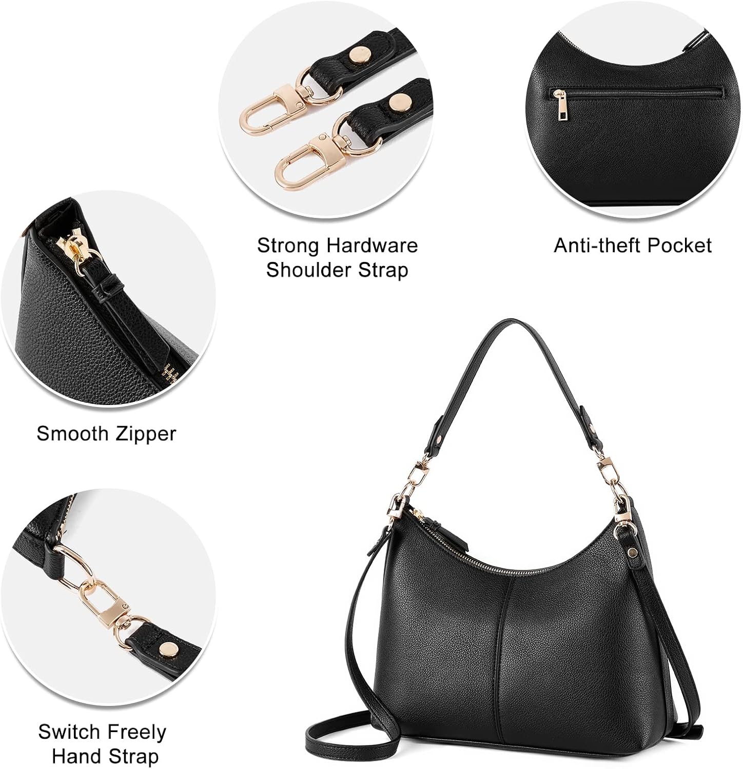 Women's Black PU 2-Way Shoulder Crossbody Bag Rose Gold