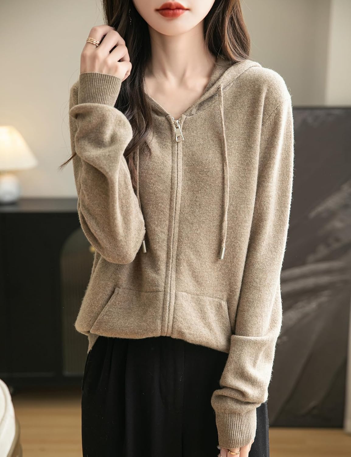 Women's 100% Merino Wool Zip Up Hoodies Fall Winter Warm Long Sleeve Knit Sweatshirt Cardigan with Pocket