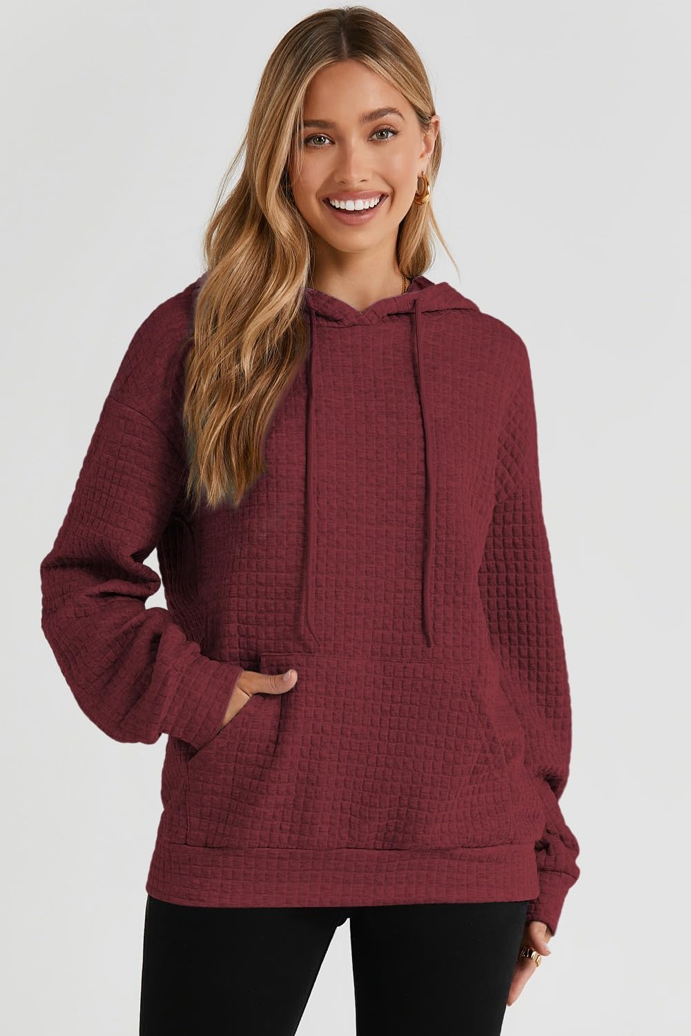 Womens Hoodies Casual Drawstring Waffle Pullover Tops Hooded Sweatshirt with Pocket