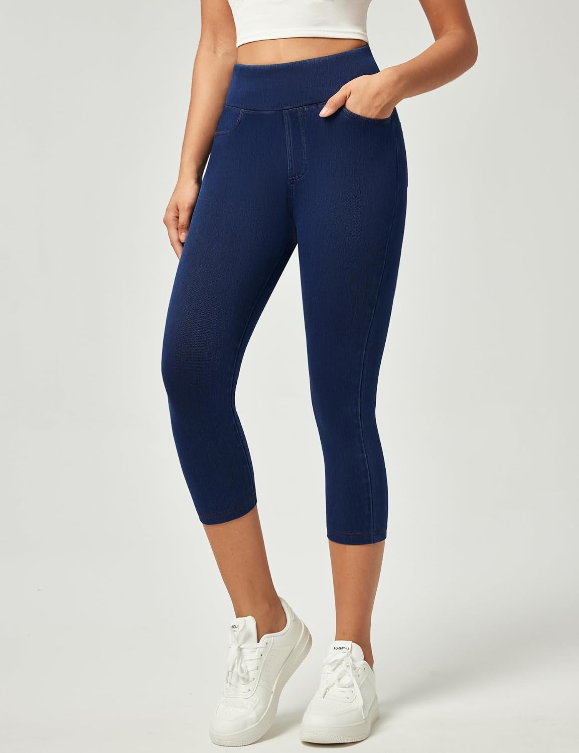 Women's High Waist Capri Jeans Dark Wash Pull On