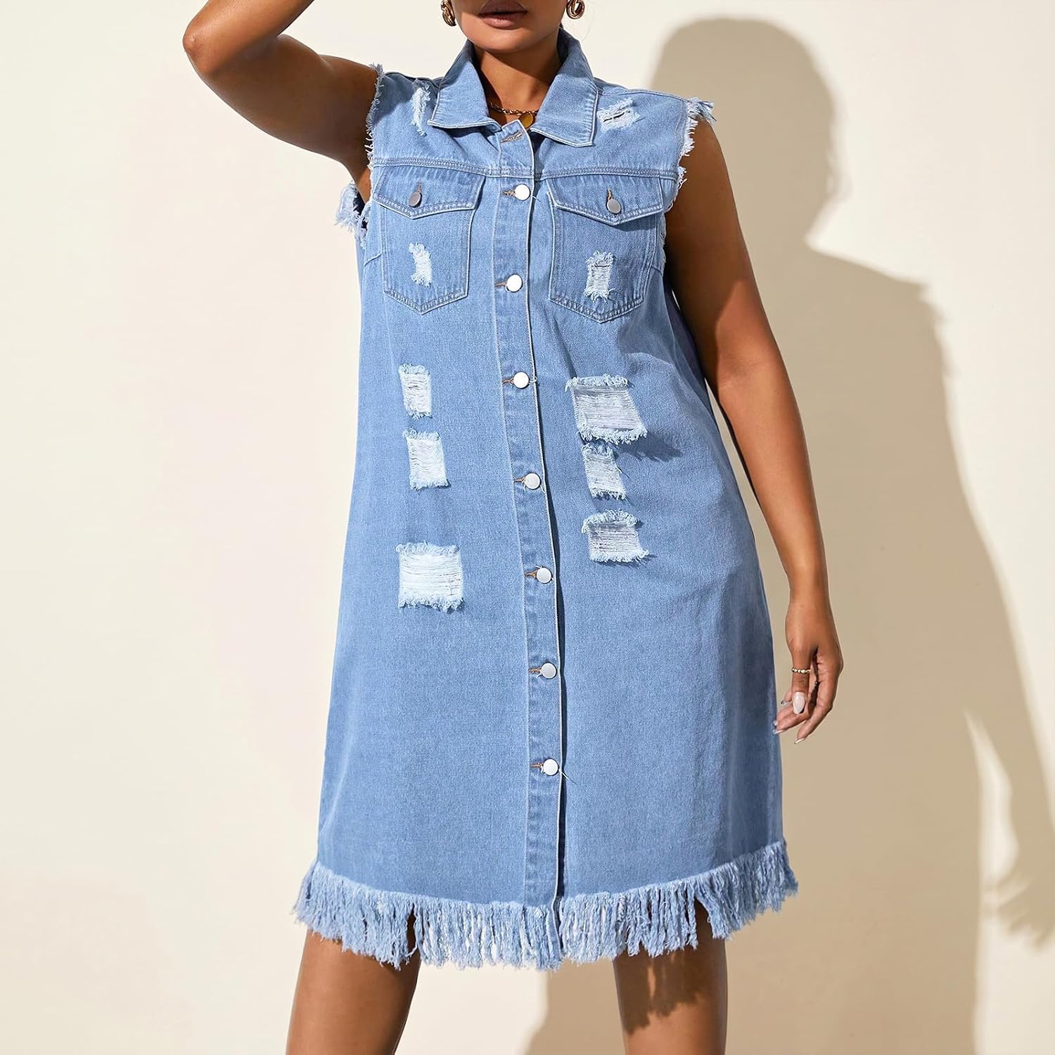 Women's Distressed Long Denim Vest Fringe Hem Button Down