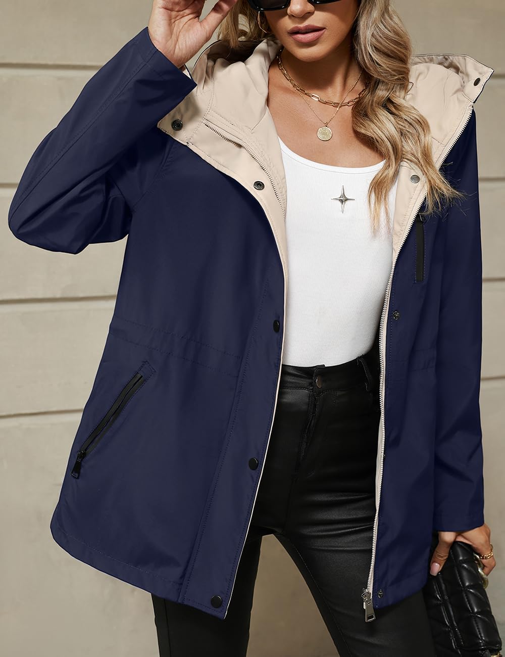 Women's Lightweight Hooded Rain Jacket Waterproof Navy Blue