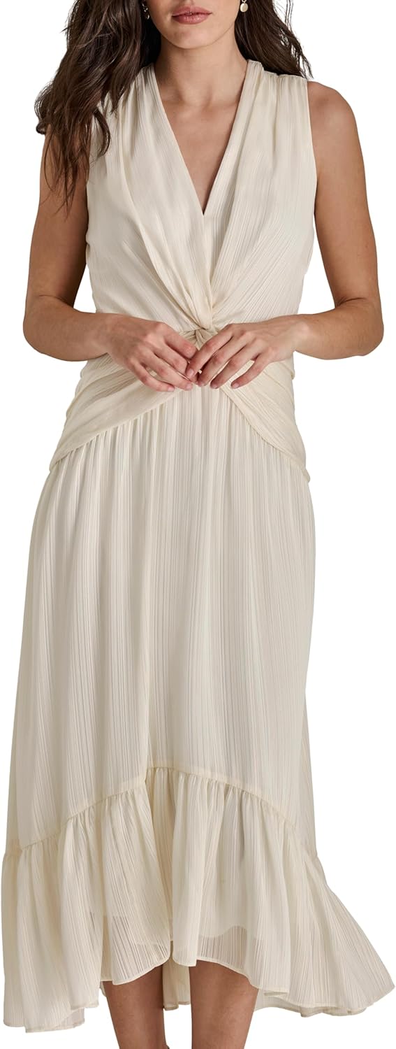 Womens V-Neck Twist Front Sleeveless Dress