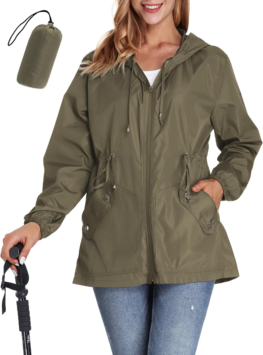 Women's Long Hooded Rain Jacket Waterproof Army Green