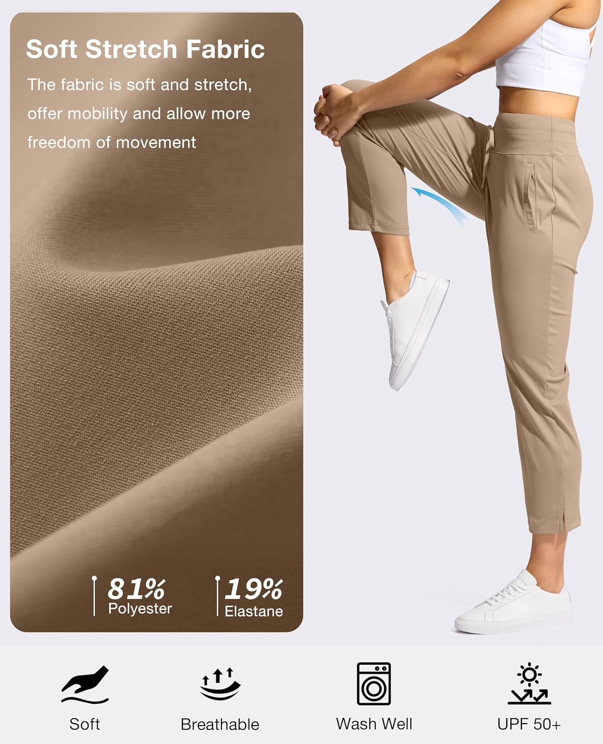 Women's High Waist Ankle Golf Pants Drawstring 7/8 Khaki