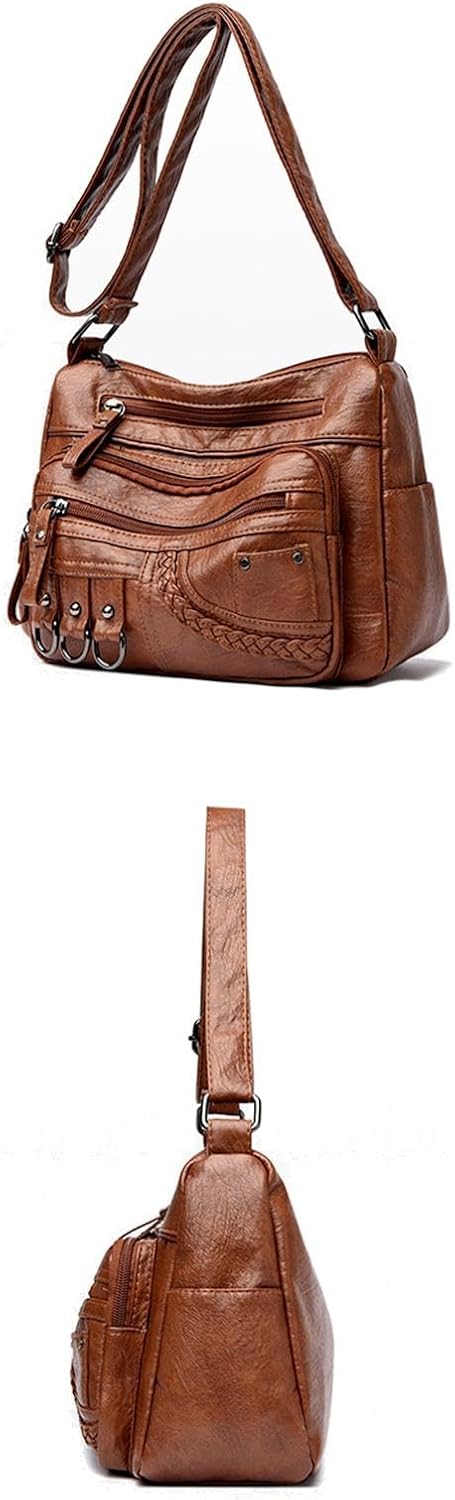 Women's Washed Leather Crossbody Shoulder Bag Multi Pocket
