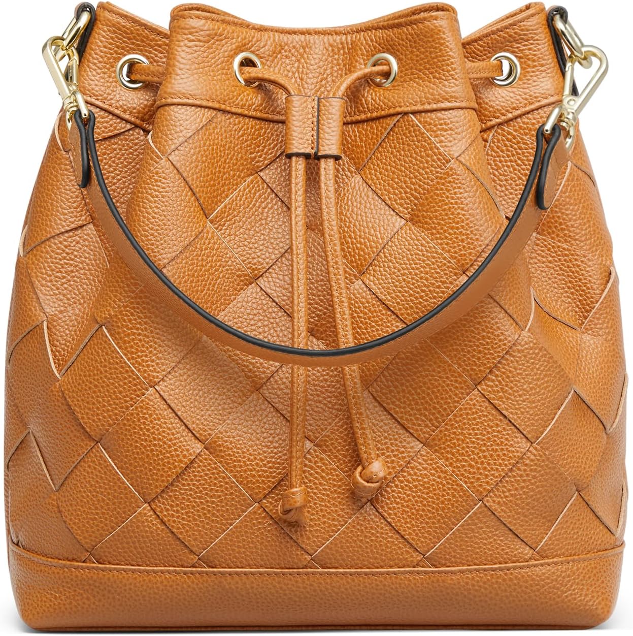 Women's Woven Leather Bucket Tote Bag Brown