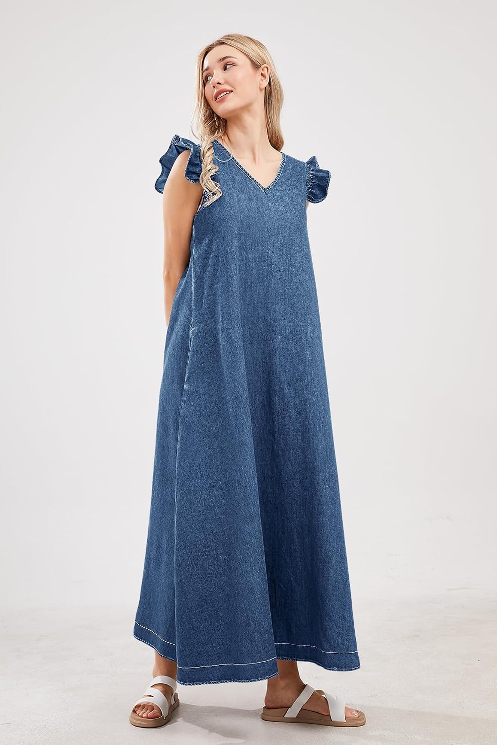 Womens Long Denim Dress Casual Fit Ruffle Sleeveless V-Neck Jean Maxi Dresses for Women Womens Long Denim Dress Casual Fit Ruffle Sleeveless V-Neck Jean Maxi Dresses for Women