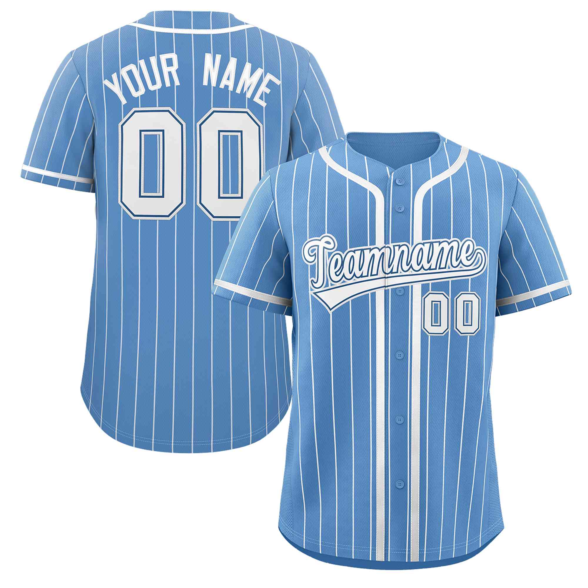 Benutzerdefiniertes, hellblau-weiß gestreiftes, modisches, authentisches Baseball-Trikot mit durchgehenden Knöpfen für Jugendliche