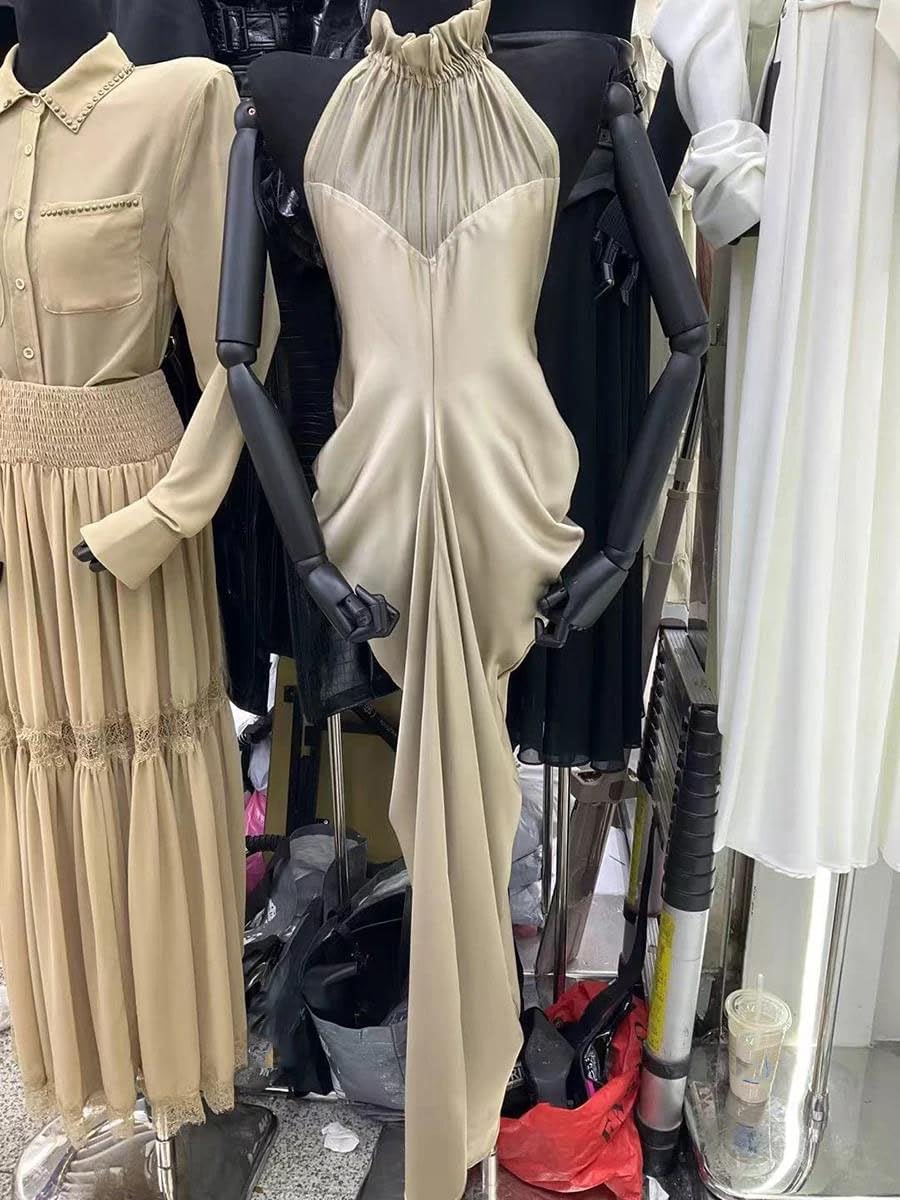 Women's Halter Maxi Dress Sheer Mesh Neck Ruched Nude Women's Halter Maxi Dress Sheer Mesh Neck Ruched Nude
