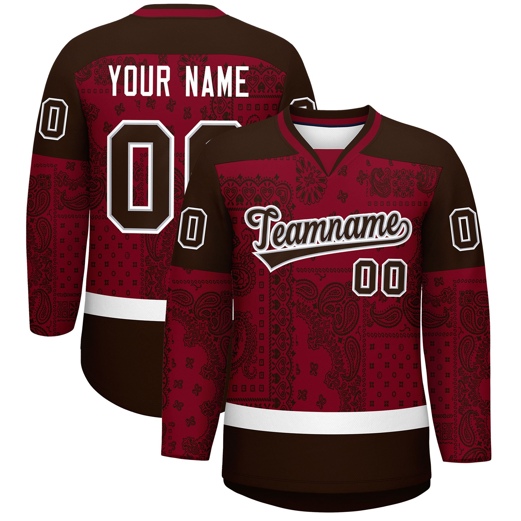 Custom Brown Crimson White Cashew Flower Graffiti Pattern V-Neck Hockey Jersey