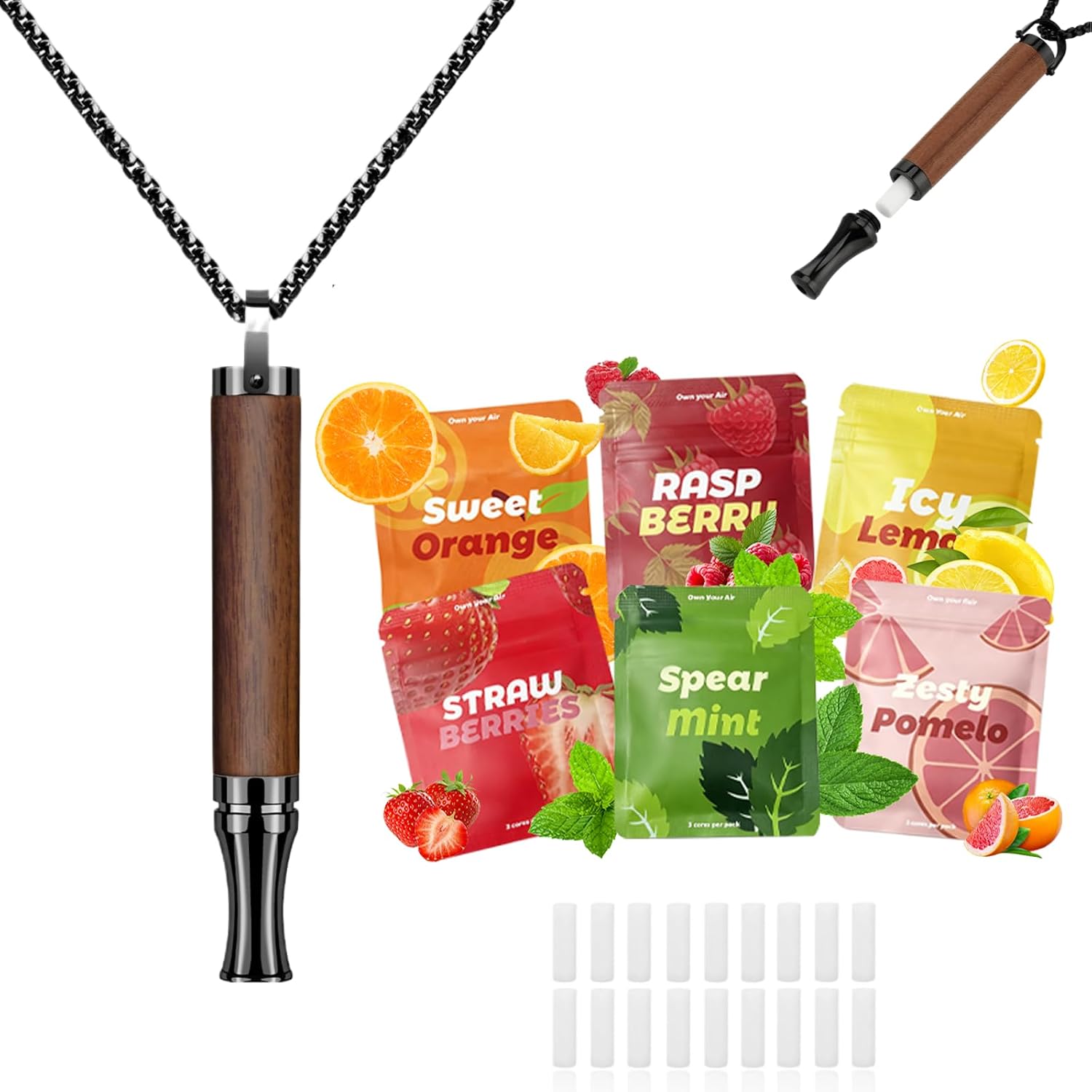 Natural Breathing Necklace with 18 Flavor Cores, Brown Wood