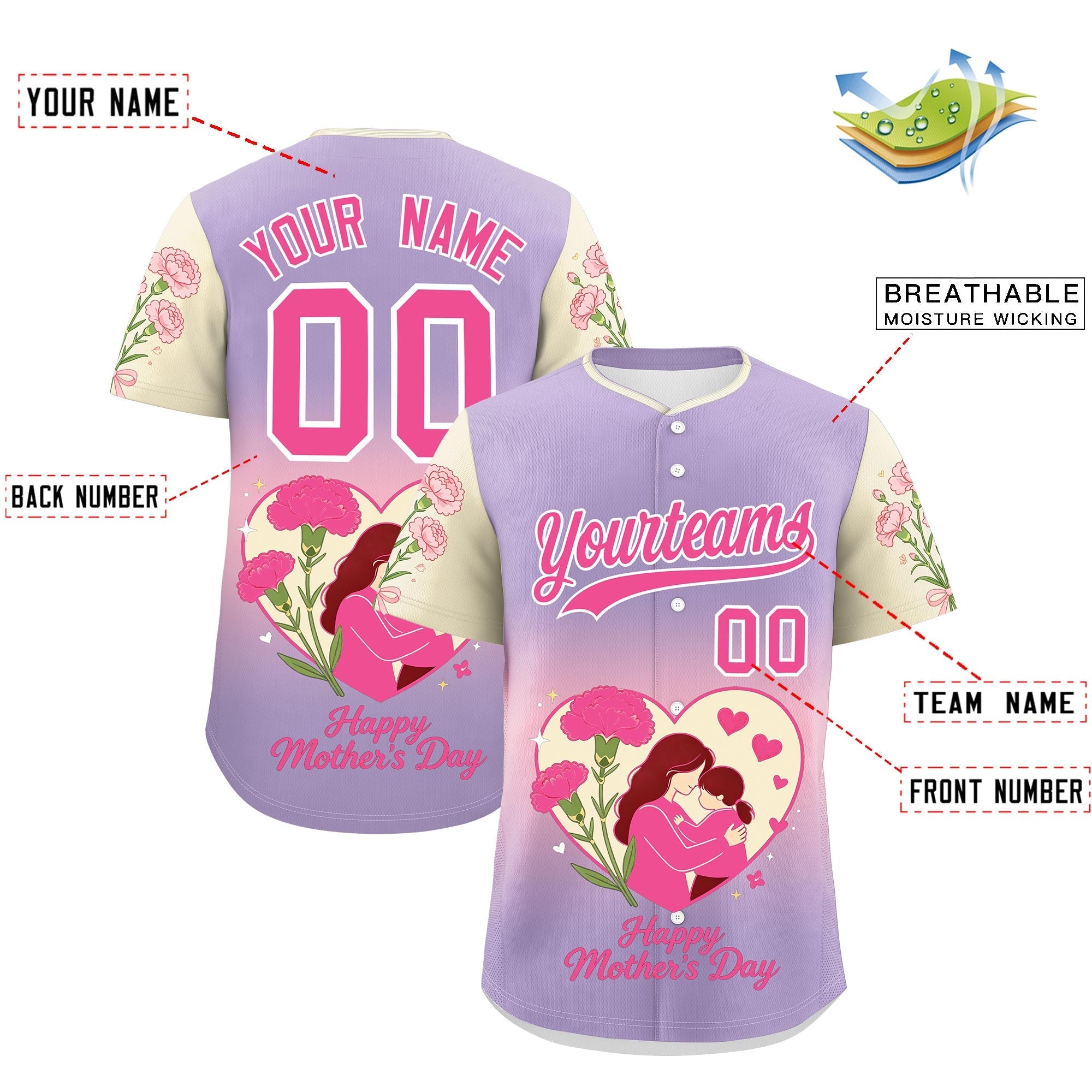 Personalisiertes, knitterfreies Baseball-Trikot im Muttertagsstil in Helllila, Hellrosa, Hellkhaki