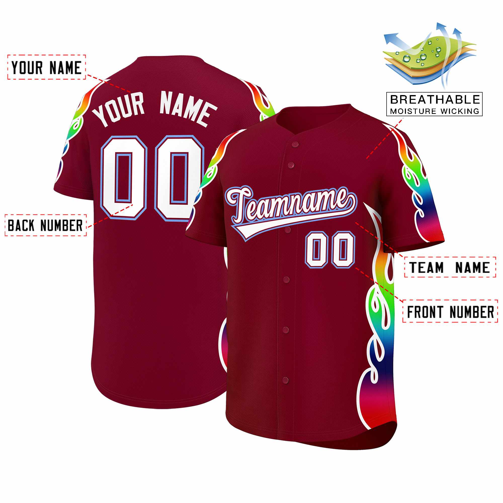 Benutzerdefiniertes Graffiti-Muster, personalisierter mehrfarbiger Flammendruck, authentisches Baseball-Trikot