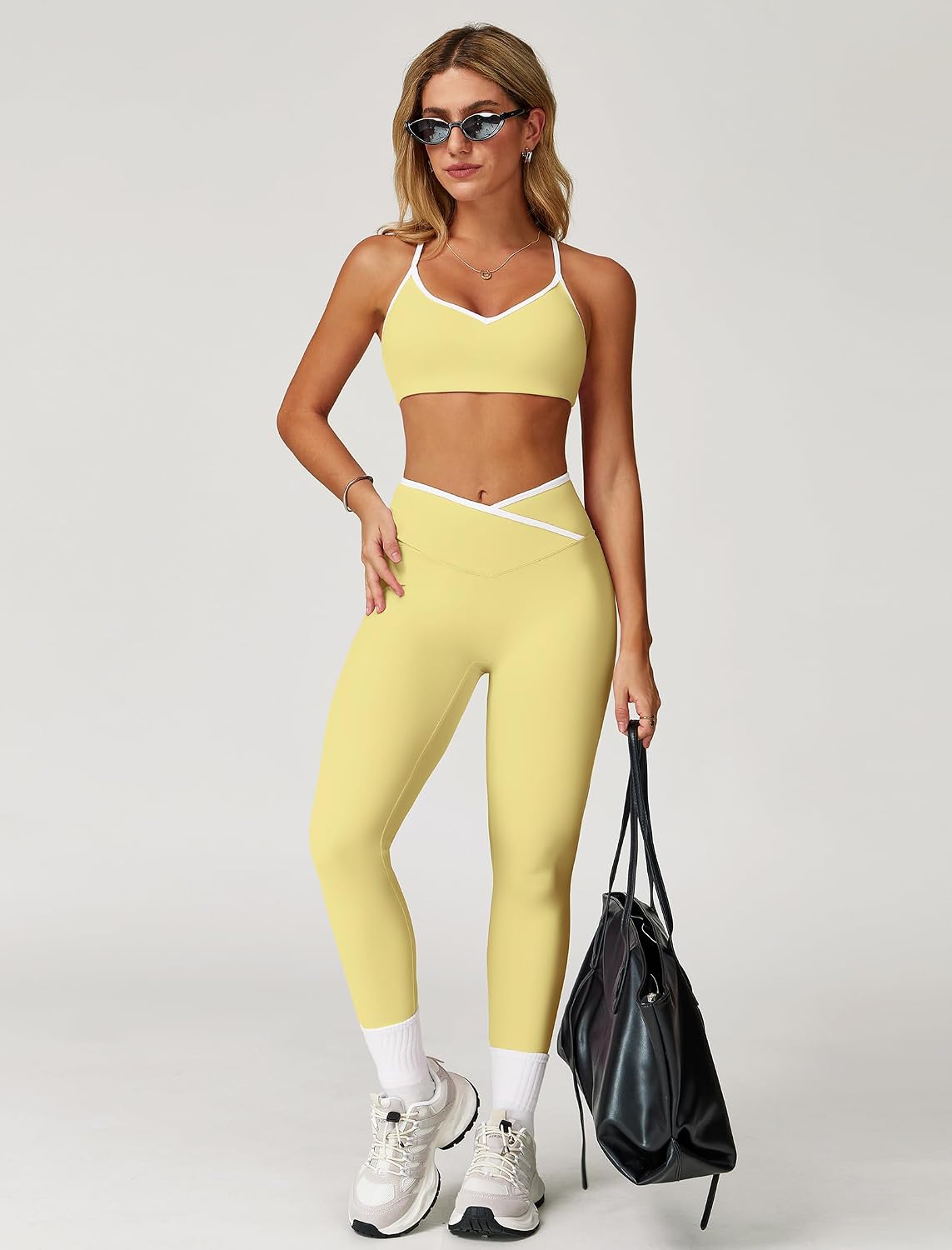 Women's Workout Set Strappy Sports Bra Leggings Yellow