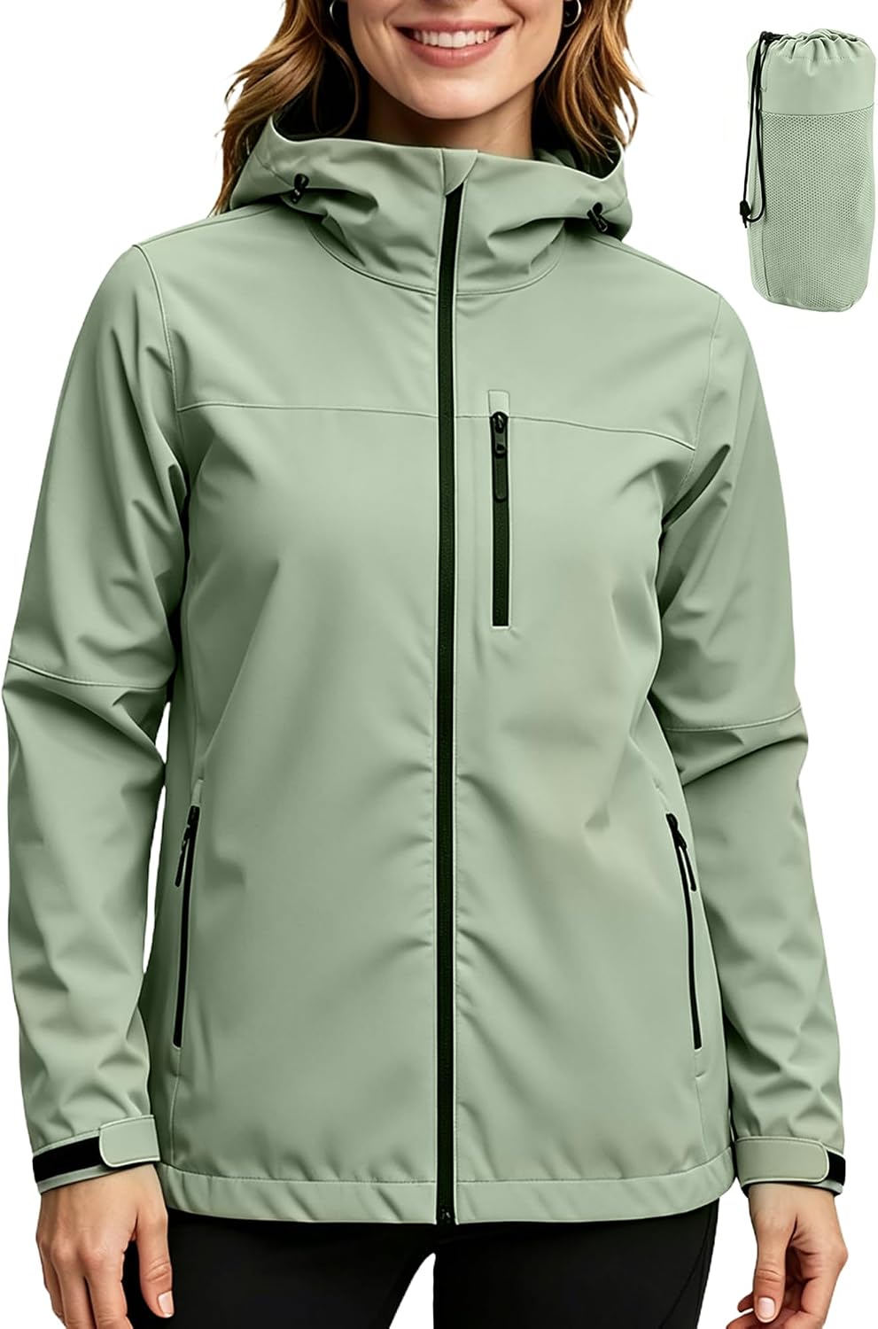 Women's Hooded Softshell Rain Jacket Waterproof Sage Green