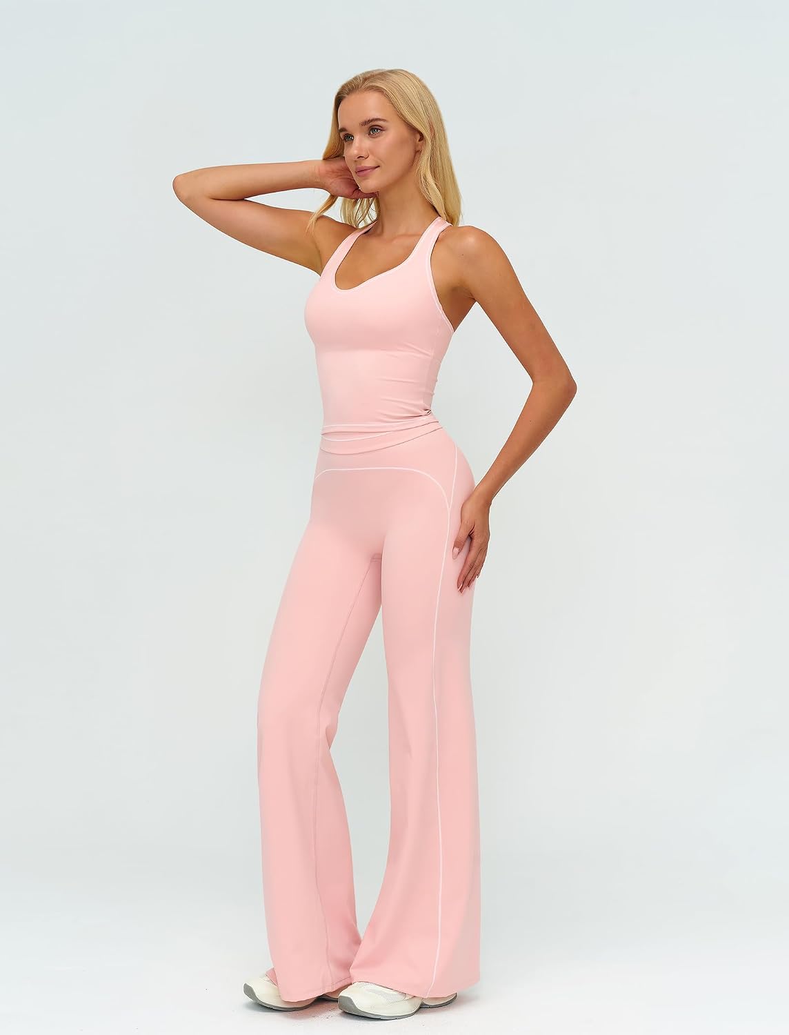 Women's Yoga Jogger Compression Contrast Tank Top Tummy Control Bell Bottom Flare Pants Leggings Running Outfits