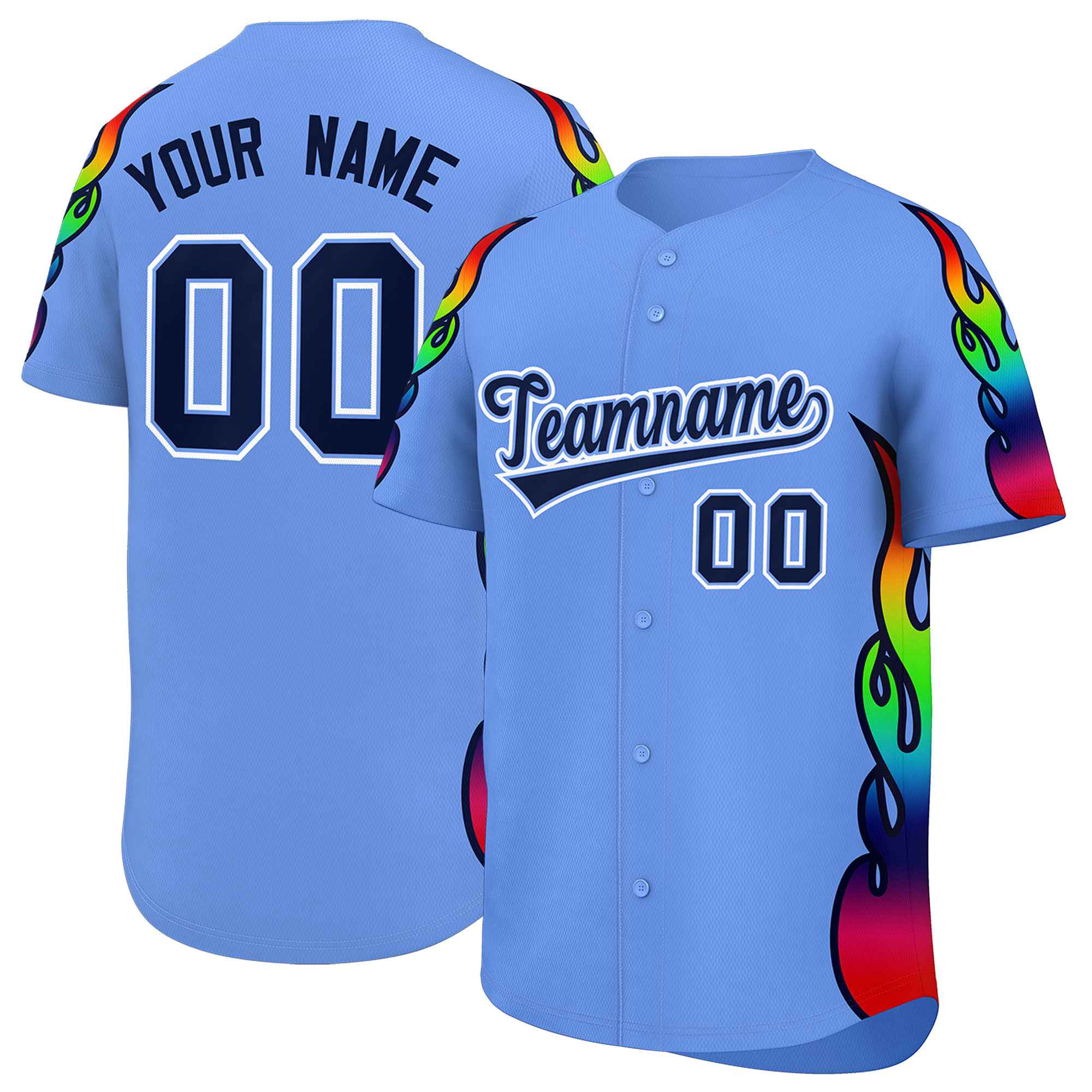 Benutzerdefiniertes Graffiti-Muster, personalisierter mehrfarbiger Flammendruck, authentisches Baseball-Trikot
