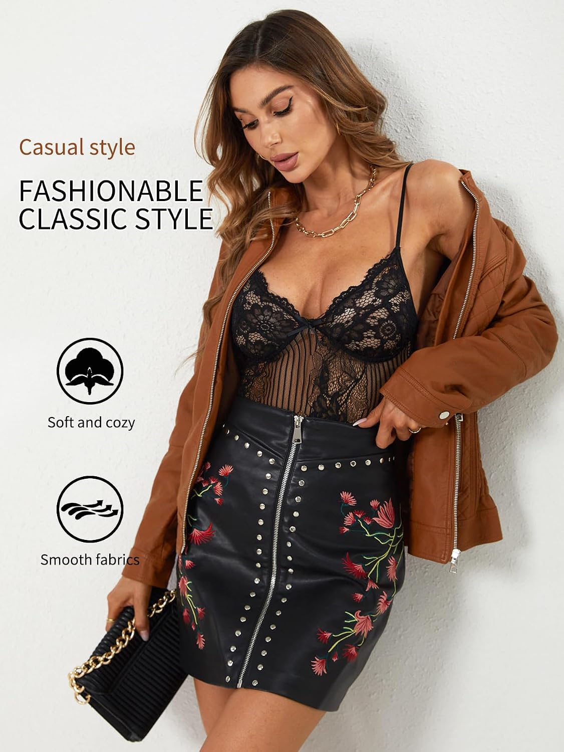 Faux Leather Jacket Women Motorcycle Zipper Stand Collar Bomber PU Bike Coat with Pockets