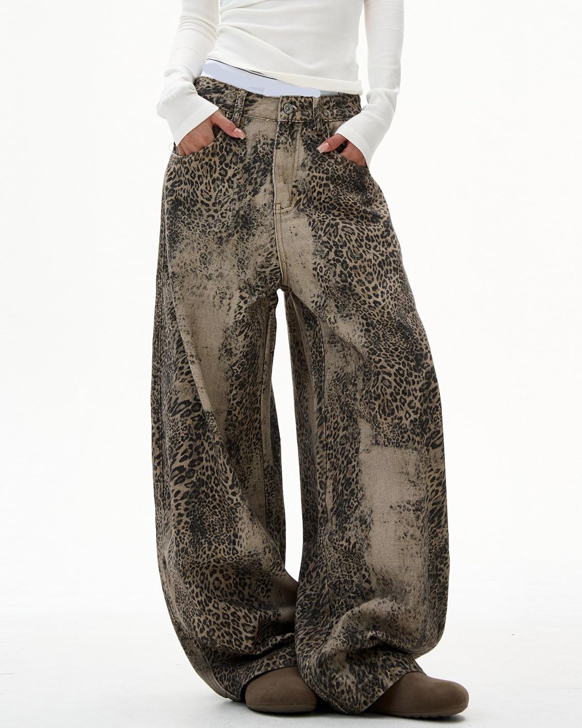 Women's Distressing Leopard Print Wide Leg Jeans High-Street Oversized Baggy Casual Pants Women's Distressing Leopard Print Wide Leg Jeans High-Street Oversized Baggy Casual Pants