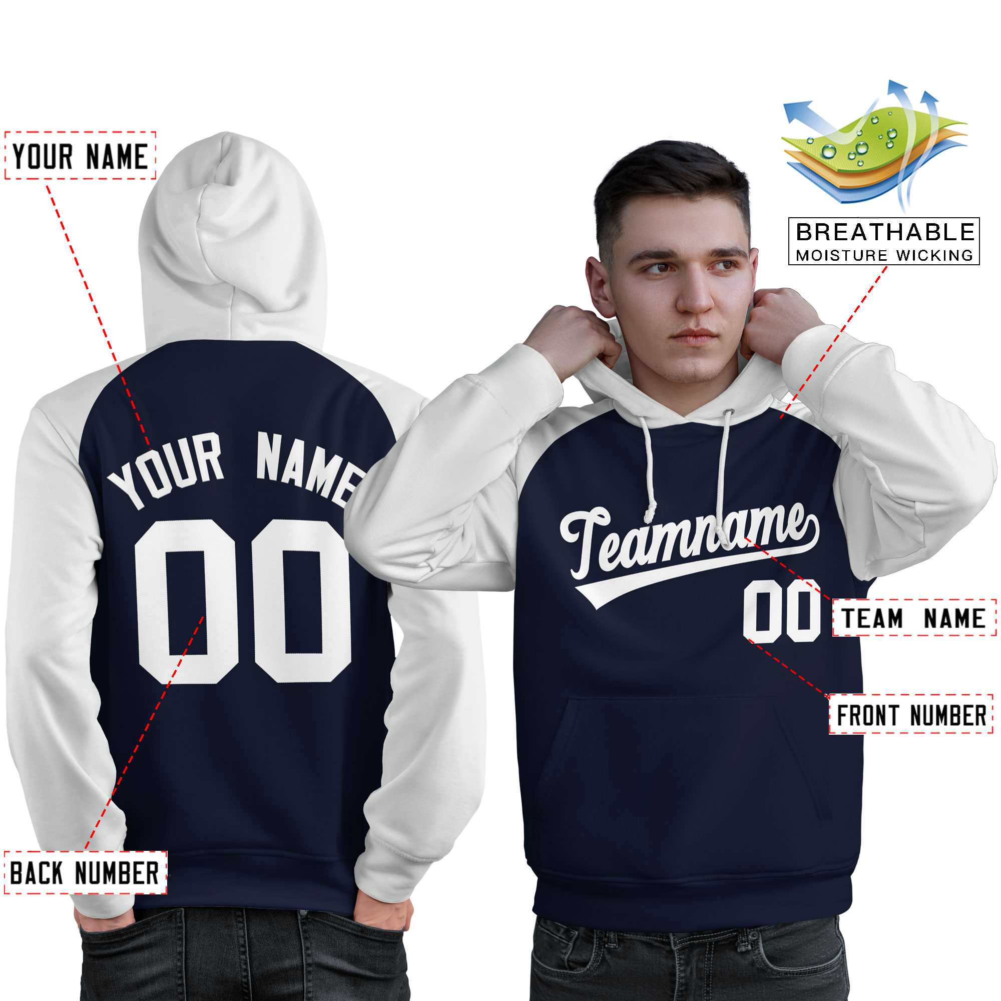 Individuell genähter Sportpullover mit Raglanärmeln in Marineblau und Weiß für Herren