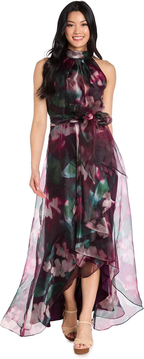 Women's Floral High Neck Gown W\ Hi-Lo Skirt Waist Sash - Spring Wedding Guest Cocktail Party Sleeveless Dress
