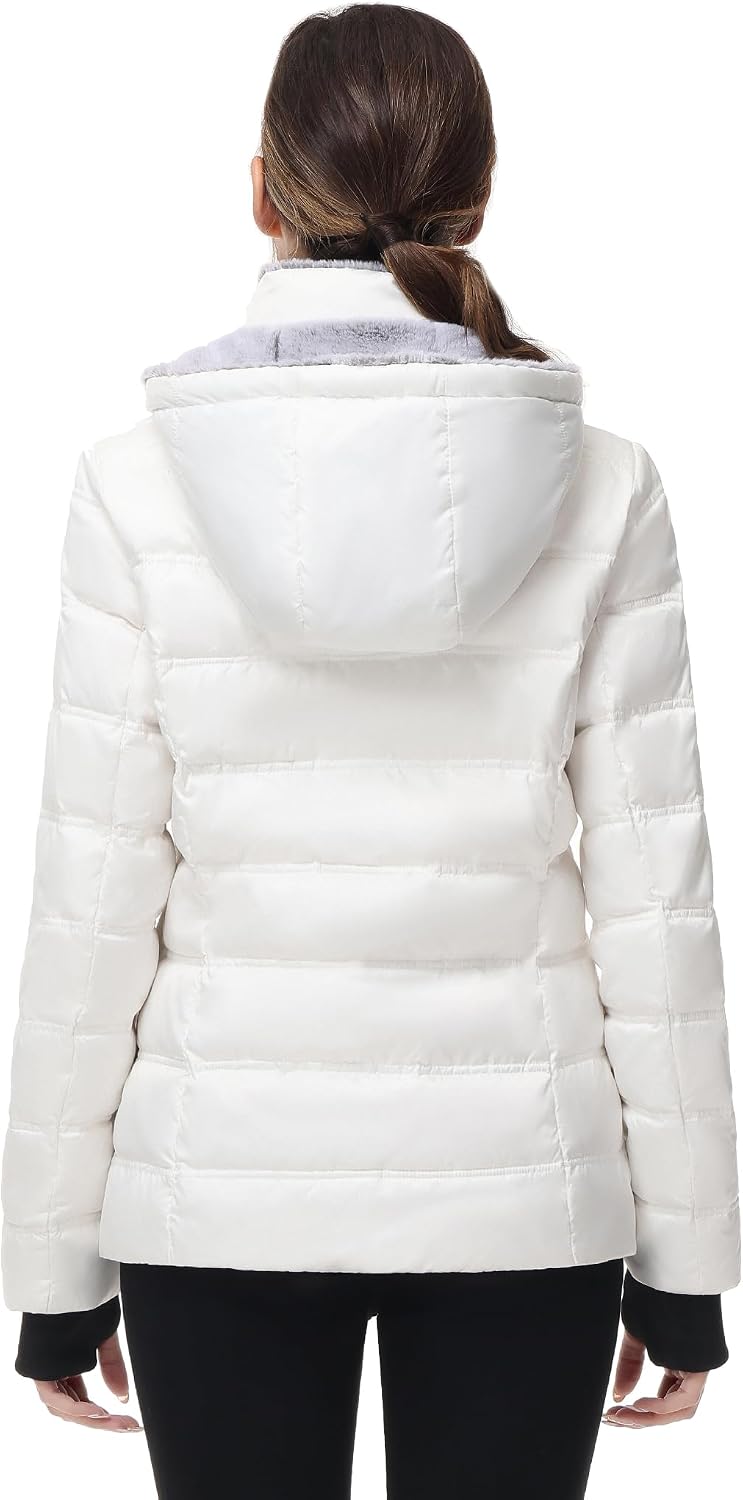 Women's White Short Puffer Jacket Fleece-Lined Hood Women's White Short Puffer Jacket Fleece-Lined Hood