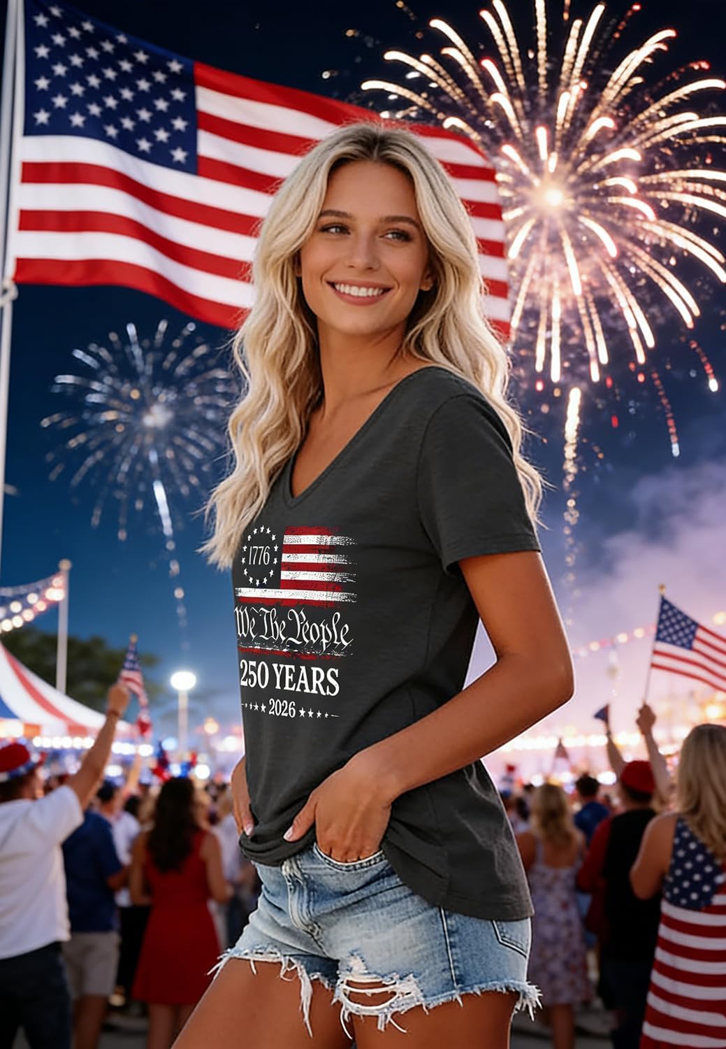 Women's American Flag Graphic V Neck T-Shirt Gray