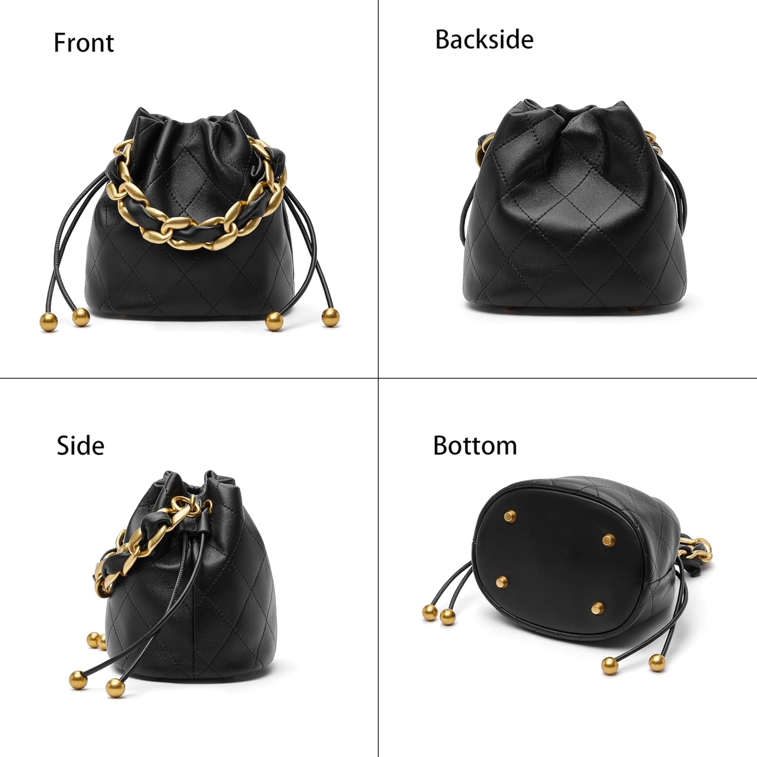 Women's Quilted Lambskin Chain Drawstring Bucket Bag, Black