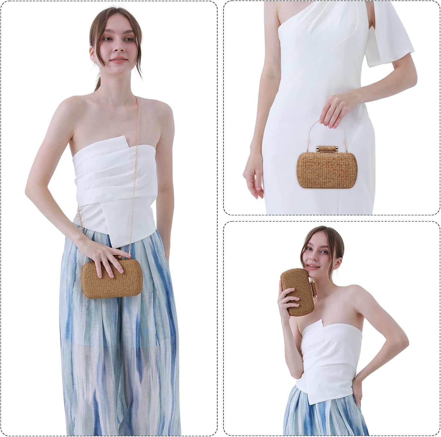Women's Straw Box Clutch Woven Evening Bag with Chain Women's Straw Box Clutch Woven Evening Bag with Chain