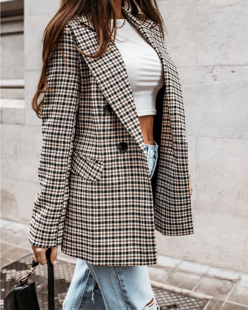 Women's Elegant Plaid Thoundstooth Blazer Double Breasted Fit Check Jacket Coat