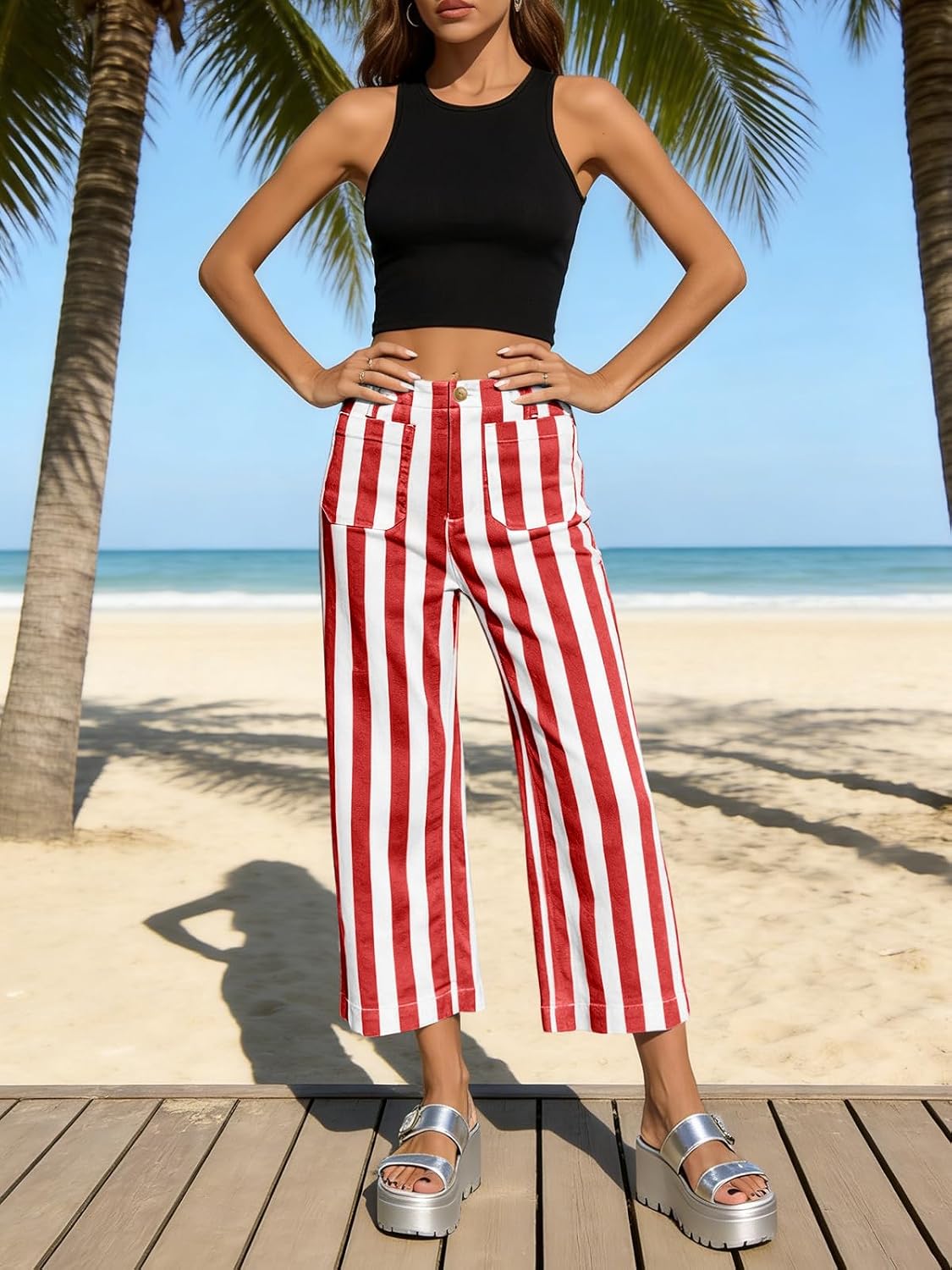 Women's Striped Wide Leg Crop Jeans Red White Women's Striped Wide Leg Crop Jeans Red White