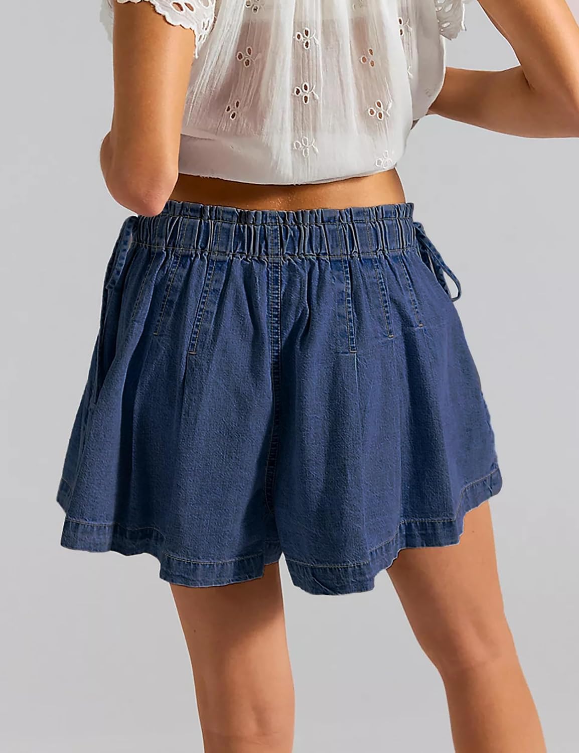 Jean Shorts Womens Elastic High Waisted Wide Leg Pleated Denim with Pockets Bow Summer Jorts for Women