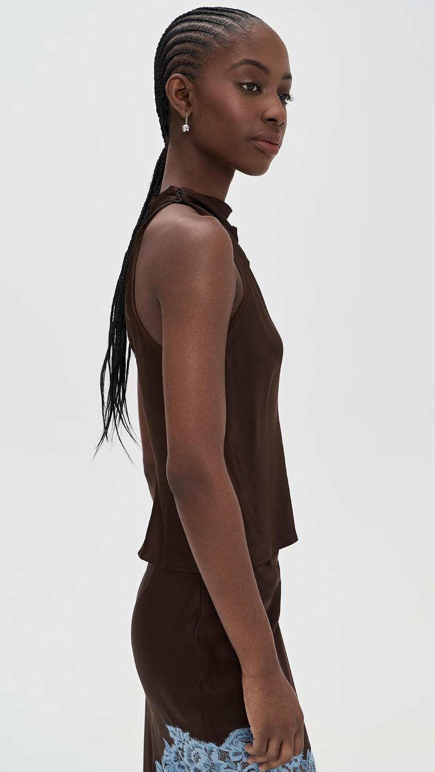 Women's Mock Neck Lace Panel Satin Top, Brown