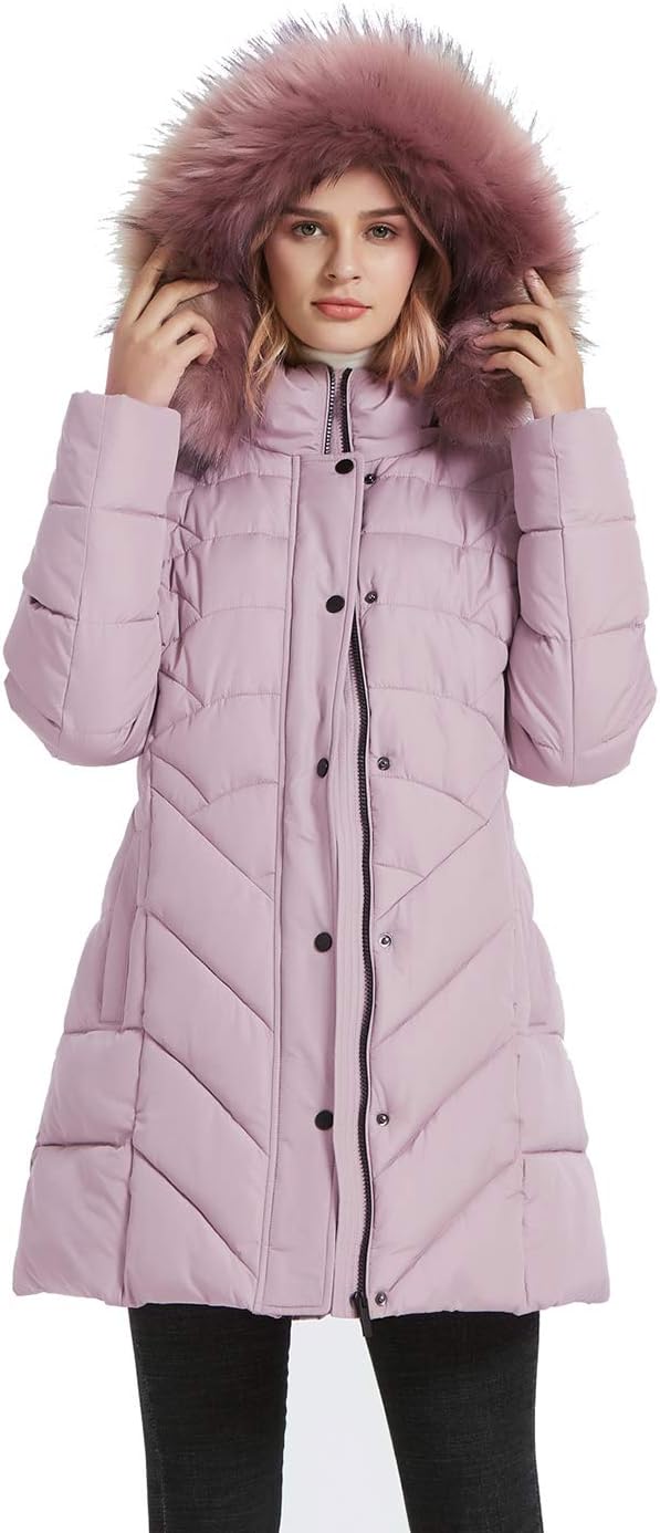 Women's Long Puffer Parka Coat Faux Fur Hood Pink